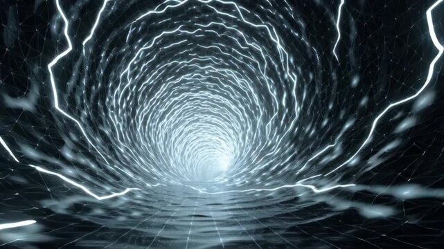 Glowing tunnel with swirling patterns and network grid overlay