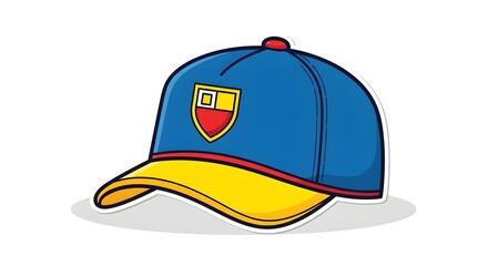 Fototapeta premium Isolated on white background blue and yellow cartoon baseball cap with a shield logo on the front panel side