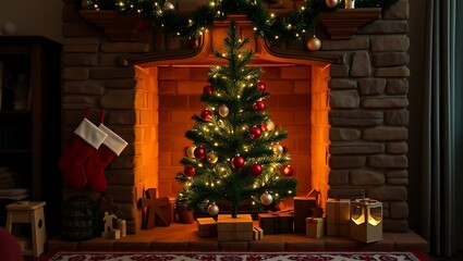 Festive christmas scene with a decorated tree and fireplace with stockings hanging above it indoors