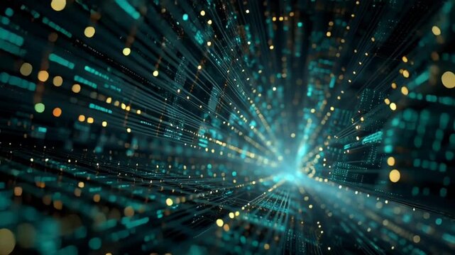Futuristic digital tunnel with glowing blue light and data streams.