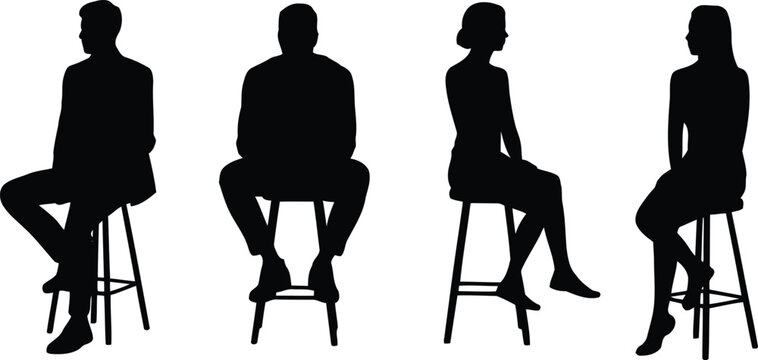 Four black silhouettes of men and women seated on bar stools, presented from frontal and side perspectives