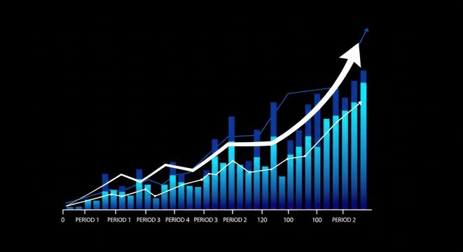 Upward Trending Blue Bar Graph Showing Business Growth and Financial Profit Acceleration on a Dark Screen for Investment Success.