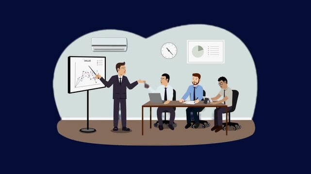 A team of business professionals analyzing data and charts on a large computer screen, symbolizing data analysis, business intelligence, and teamwork cartoon animation