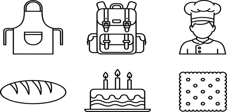Bakery and cooking line icon set featuring chef hat apron backpack bread loaf birthday cake and cracker for culinary design,