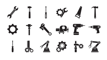 Fototapeta premium Industrial Tools Icons Set in Modern Minimalist Style with Black Silhouettes on White Background for Web Design