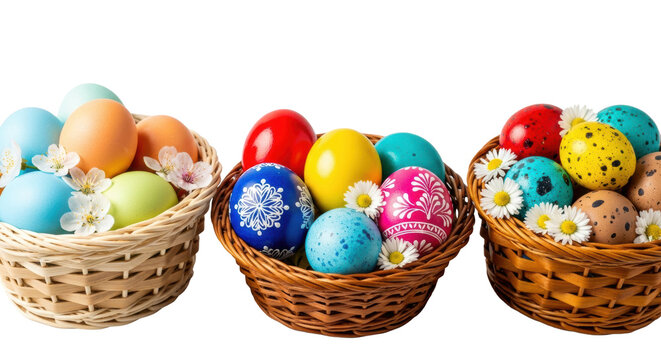 three woven wicker baskets filled with colorful easter eggs and spring flowers displayed on a transparent studio background under soft, high-key lighting. festive easter decoration concept