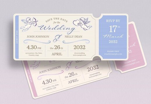 Wedding Ticket Template for Retro Destination Wedding Invitation, RSVP & Save The Date Invite Layout