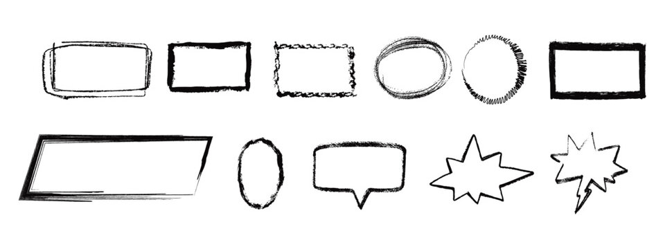 Crayon drawn text box collection. Text boxes textured frames. Rounded and square figures. Vector hand drawn shapes. 