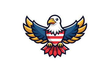 Obraz premium Patriotic american eagle mascot character with stars and stripes shield chest design vector graphic