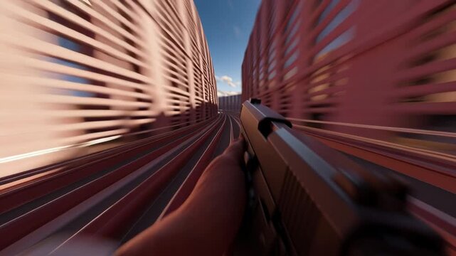 A player moves quickly through tight spaces while holding a gun. The environment shows tall buildings and a clear sky. The speed creates a sense of urgency in the action