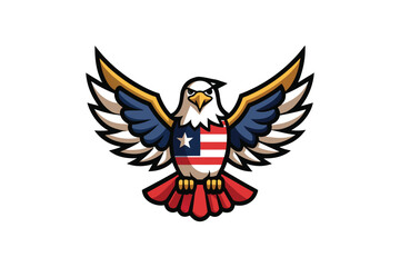 Obraz premium Eagle mascot logo with american flag shield on chest and gold feathers details in cartoon style art