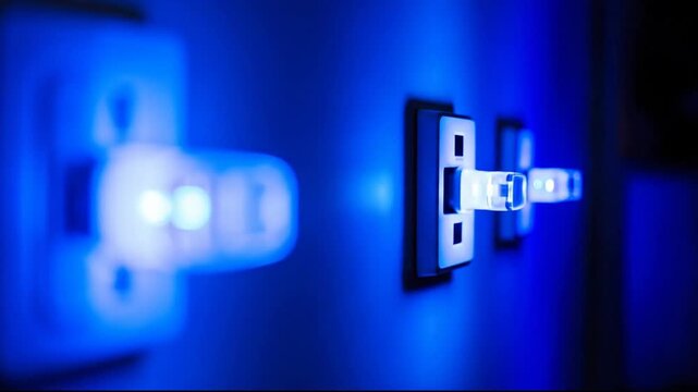 Glowing blue lights illuminated from electrical outlets on a wall.