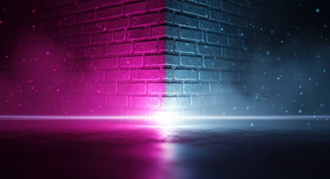 Abstract Neon Brick Wall Corner Illuminated by Pink and Blue Split Lighting, perfect for Cyberpunk Product Staging or Club Promotion