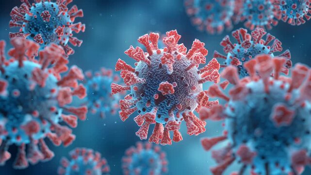 Nipah virus microscopic view showing red spike protein on blue background virus particle closeup