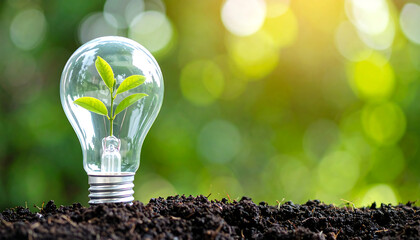Green Plant Growing Inside Light Bulb Eco Concept with Copy Space