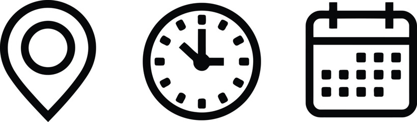 Practical black outline icons representing pinpoint location, current time of day, and important calendar appointments