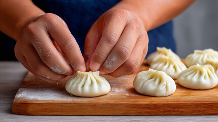 Cook's Dusted Hands Deftly Pleating a Dumpling on a Clean Wooden Board

