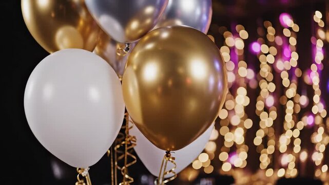 Elegant Balloons at Festive Celebration - A collection of gold, white, and silver balloons floats gracefully against a backdrop of blurred festive lights.