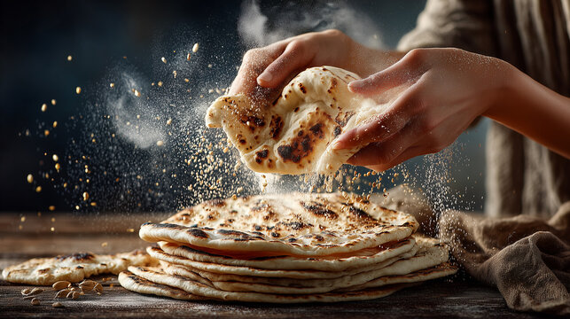 Hands Breaking Apart a Piece of Fresh Steaming Naan Bread with Falling Crumbs

