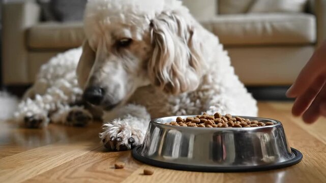 Dog Refusing to Eat Dry Food - A dog lies on a wooden floor next to a bowl of dry food, showing a lack of appetite.