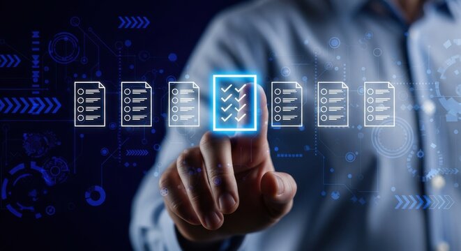 Business Professional Tapping Digital Checklist Icon for Workflow Completion and Compliance Verification System