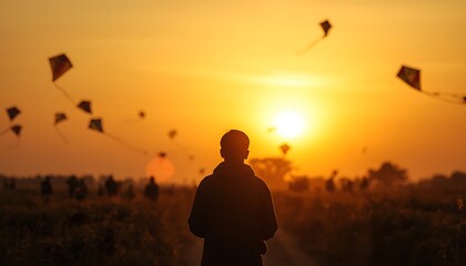 Silhouette of man standing in field at beautiful golden sunset with kites flying in sky