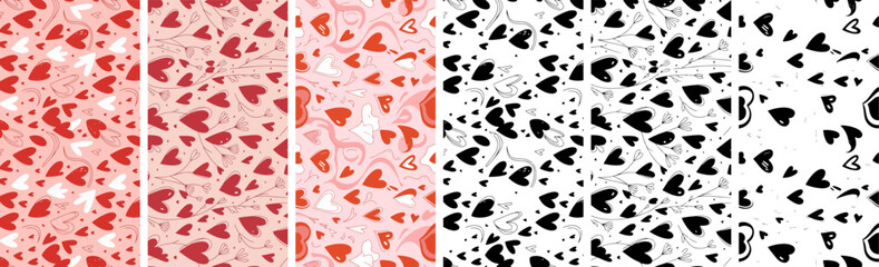 Fototapeta premium Seamless heart pattern collection in red and black and white