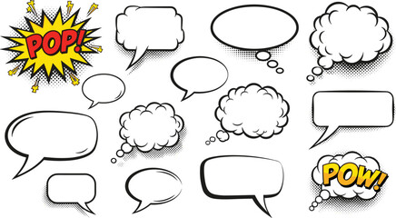 Vector illustration of 18 comic-style speech and thought bubbles with &ldquo;POP!&rdquo; and &ldquo;POW!&rdquo; sound effect bursts