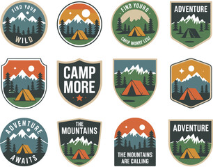 Fototapeta premium Colorful camping and adventure themed badges with mountains and tents