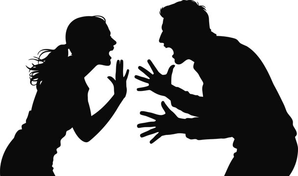 Silhouettes show a man and woman angrily shouting and gesturing at each other during a confrontation