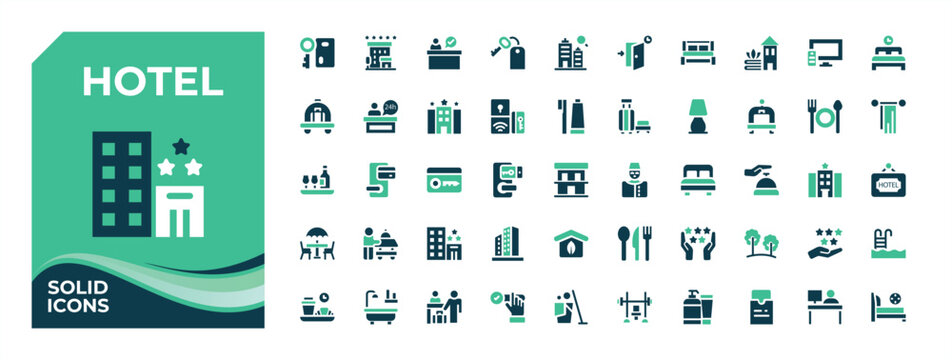 Hotel Service colorful solid icon set. Containing reception, room service, fast, restaurant, service, hospitality, hostel and more. Reception icon set. Editable vector art and illustration.