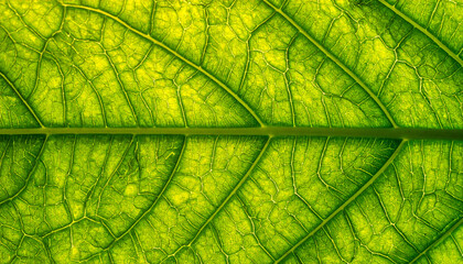 Macro Green Leaf Texture Background with Backlit Veins and Copy Space