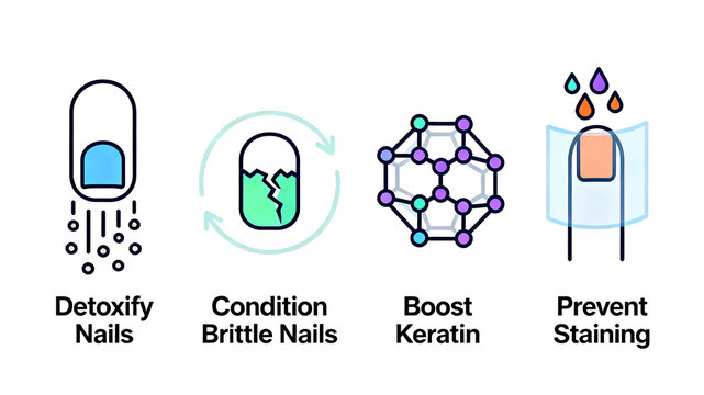 The combination of nail and molecular icons represents cleaning nails, improving brittle nails, enhancing keratin, and preventing staining, suitable for nail repair scenarios.
