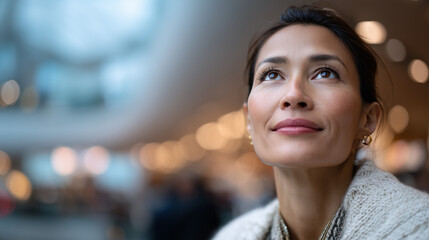 Obraz premium Traveler Gazing Upward with Wonder at Airport Lounge Architecture
