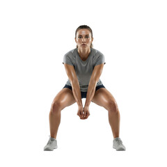 Young athletic woman squatting exercise workout pose in gray sportswear isolated on transparent background