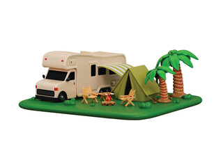 Camping adventure scene icon 3d render concept of camper van and tent in nature with bonfire icon vector illustration