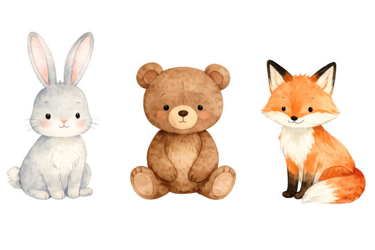 Cute watercolor forest animals set: rabbit, bear, and fox illustration