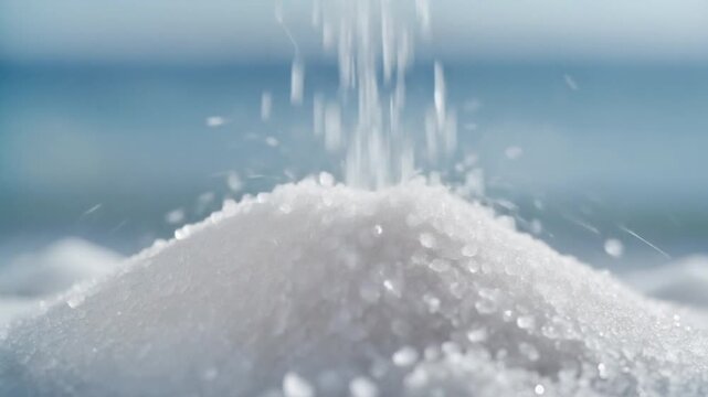 Salt being poured onto a pile of salt near the ocean's shoreline from above