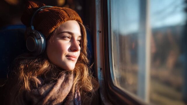 Young woman smiles while looking out of the window during a train journey in natural light with a warm hat and headphones