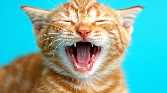 Close-up of a yawning ginger kitten with bright blue background