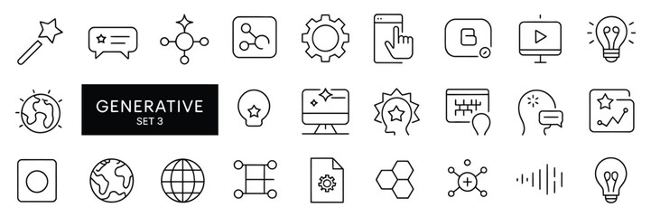 generative AI outline icons set for content creation including model prompt synthesis automation design editing image video audio chat bot workflow interface and scal able vector graphics. © ABUBOKKORsiddik