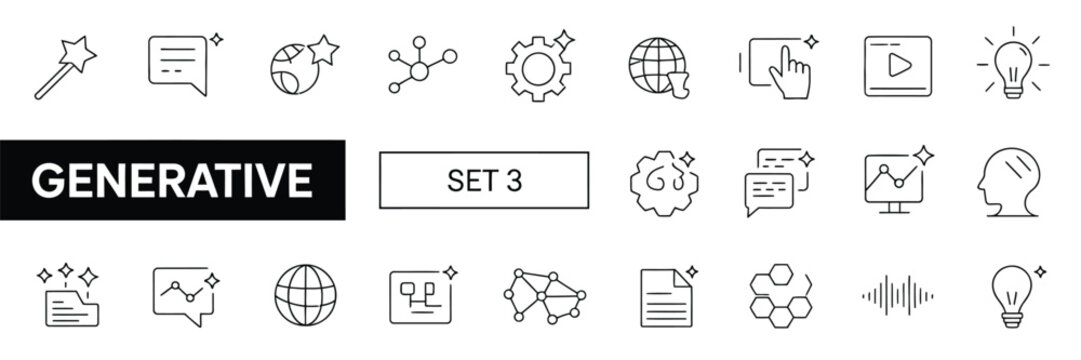 generative AI outline icons set for content creation including model prompt synthesis automation design editing image video audio chat bot workflow interface and scal able vector graphics.