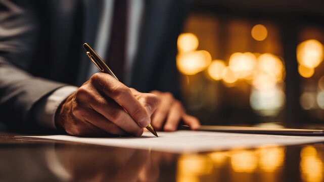Business professional engages in signing important documents in a well-lit office during the evening hours
