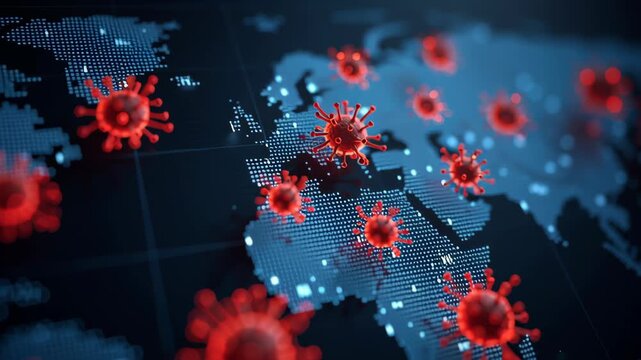 Nipah virus global infection digital map showing red virus particles spreading worldwide