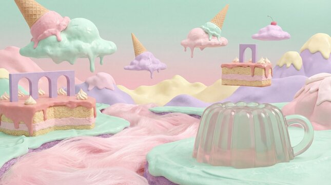 Surreal pastel landscape with floating ice cream clouds, cake slices, jelly dessert, and whimsical mountains, creating dreamy and playful fantasy scene