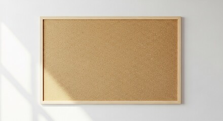 Fototapeta premium Blank cork board with wooden frame on white wall with sunlight shadow.