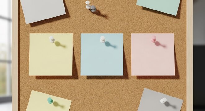 Closeup of a cork board with several blank sticky notes pinned ready for important messages and reminders.