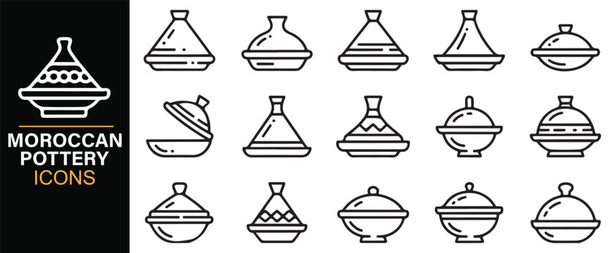Traditional Moroccan tagine line icons collection
