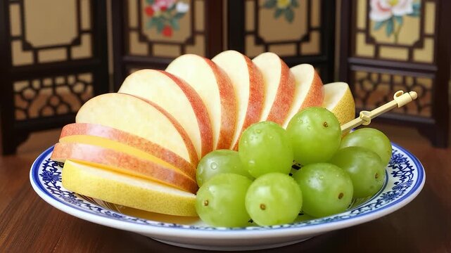 Fresh sliced apples and green grapes on porcelain plate with Chinese screen