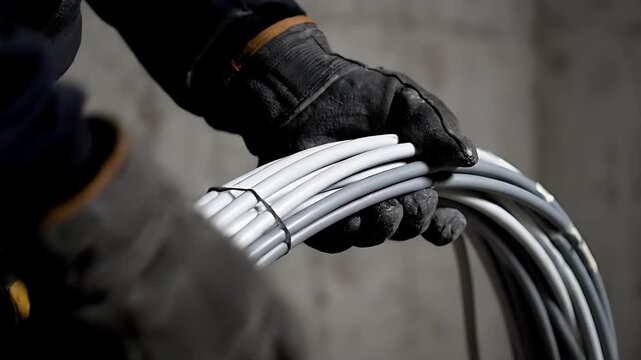 Close-up view of a skilled electrician wearing durable protective gloves while carefully handling and managing a large bundle of bundled electrical wires and thick cables for installation work.